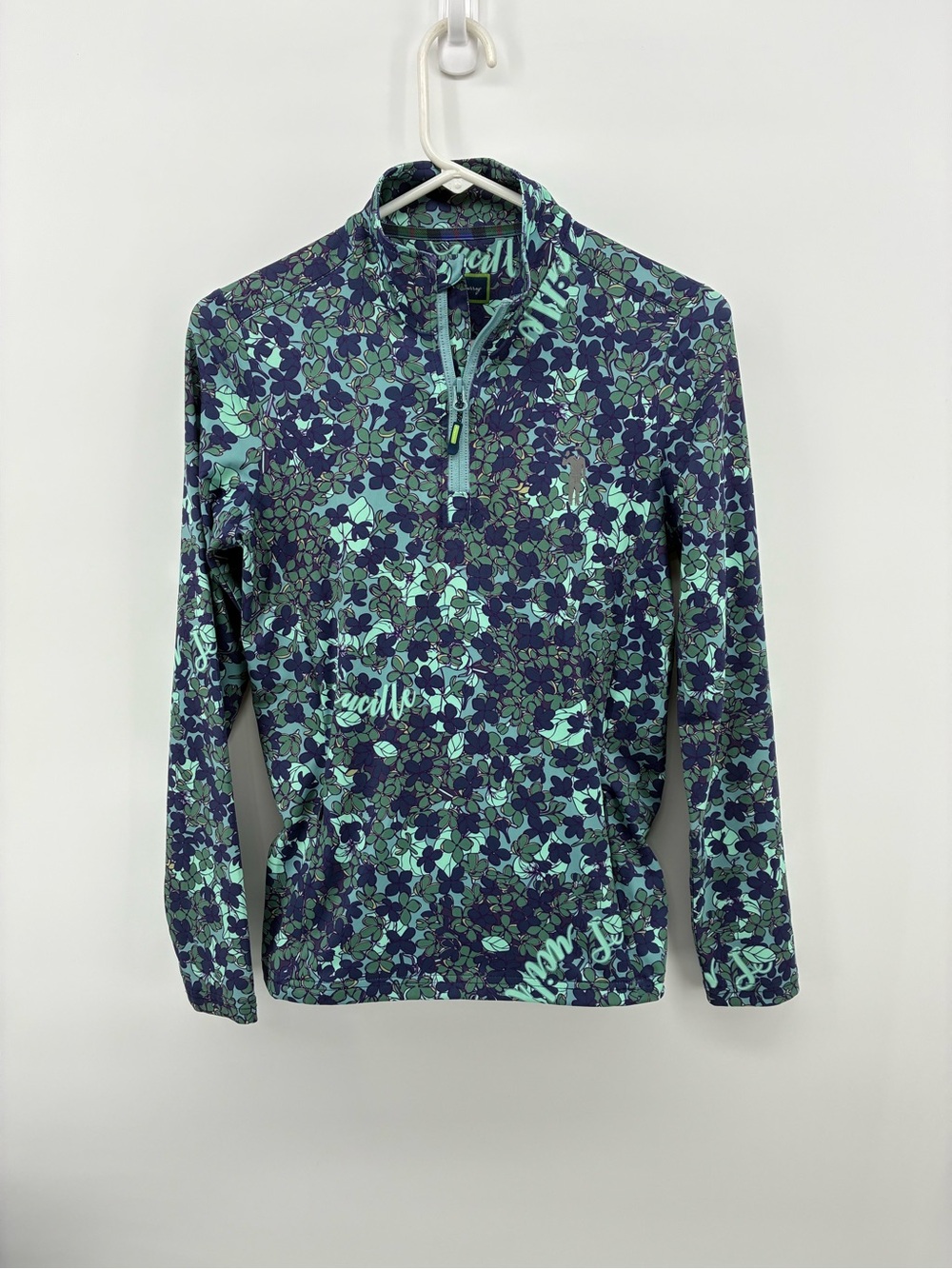 William Murray Golf Navy and Teal Floral Quarter-Zip Long Sleeve Top